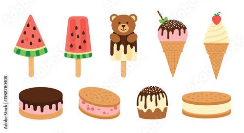 Tempting assortment of frozen treats and desserts including fruit popsicles, ice cream cones, cookies, and a cupcake.