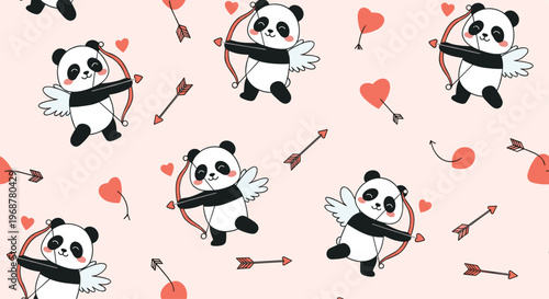 Romantic seamless pattern featuring cute panda cupids with wings holding bows and arrows amongst red hearts on a light pink background.