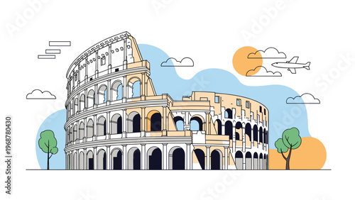 Stylized illustration of the Roman Colosseum with a blue sky background clouds and an airplane flying overhead.