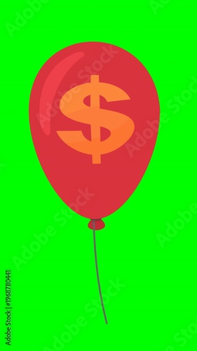 Symbolizing financial inflation and rising costs with a red dollar sign balloon floating in the air. (loopable) Chroma key green screen with alpha channel.
