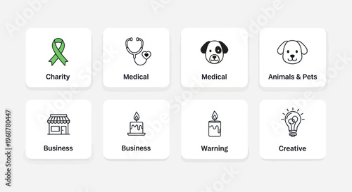 Collection of Icons: Charity, Medical, Business, Animals, Creative, Warning
