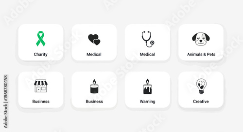 Collection of Icons: Charity, Medical, Business, Animals, Warning, Creative