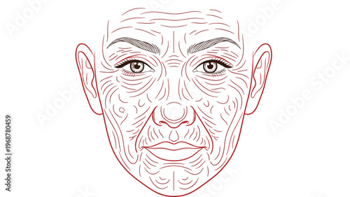 Detailed line drawing of an aging female face showing wrinkles, fine lines, and skin sagging for dermatological or cosmetic study.