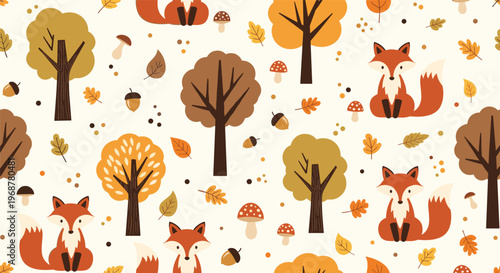 Cute autumn seamless pattern with little red foxes, various trees, acorns, and mushrooms scattered across a warm cream background.