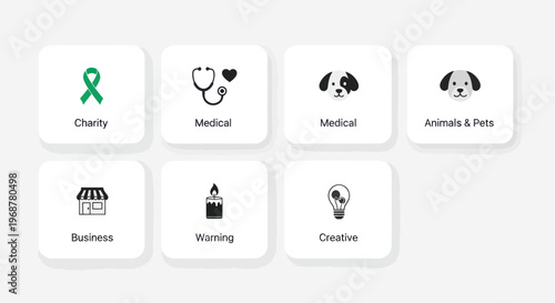 Collection of Icons: Charity, Medical, Business, Animals, Warning, Creative
