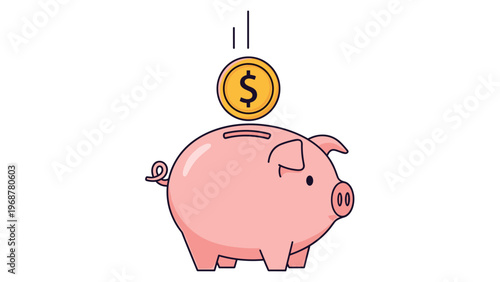 Cute pink piggy bank illustration with a gold coin being deposited symbolizing savings finance and money management.