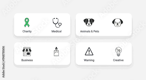Collection of Icons: Charity, Medical, Pets, Business, Warning, Creative