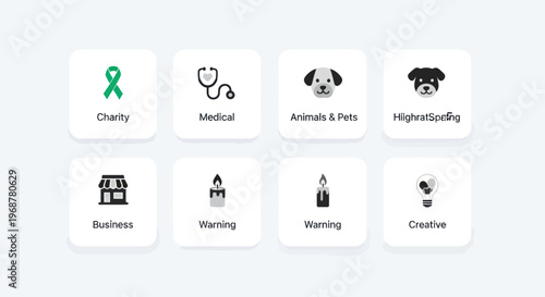 Collection of flat design icons for web and app interfaces: charity, medical, pets, business, creative