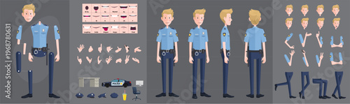 Police Officer Character Animation Kit Male Law Enforcement Vector Set with Turnaround, Poses, and Expressions