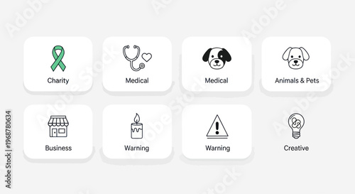 Collection of Simple Icons: Charity, Medical, Business, Animals, Warning, Creative
