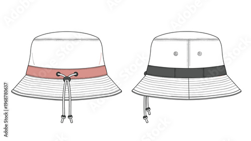 Technical drawing of a white bucket hat with a contrast band and drawstrings showing front and back views for fashion design production.