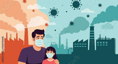 Father and small daughter wearing protective masks looking at industrial pollution and viruses to show health risks.