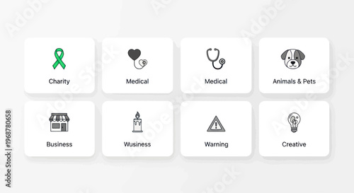 Collection of Flat Icons: Charity, Medical, Business, Pets, Warning, Creative