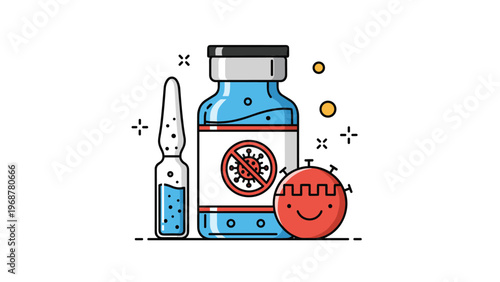 Flat vector icon of a vaccine vial and an ampoule with a coronavirus symbol and a happy virus character on a white background.