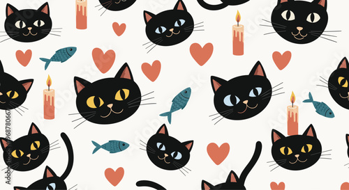 Whimsical seamless pattern featuring black cat faces, red hearts, small fish, and lit candles against a light cream background.