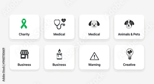 Collection of Flat Icons: Charity, Medical, Business, Animals, Creative, Warning
