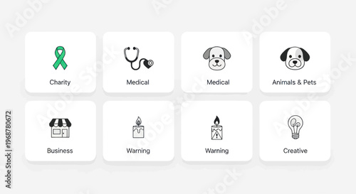 Collection of Simple Icons: Charity, Medical, Business, Pets, Warning, Creative