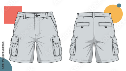 Technical drawing of cargo shorts showing front and back views with multiple pockets for apparel design mockups.