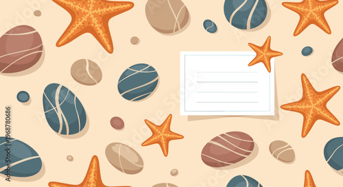 Beach themed seamless pattern with orange starfish and varied smooth pebbles around a white message card on a sandy background.