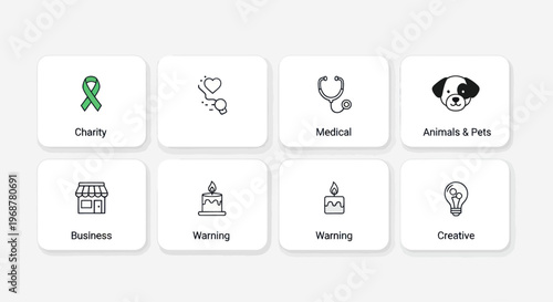 Collection of Flat Icons: Charity, Medical, Pets, Business, Warning, Creative Ideas