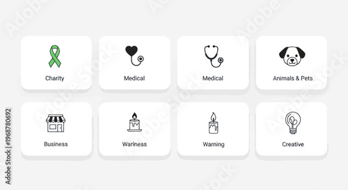 Collection of Simple Icons: Charity, Medical, Business, Pets, Awareness, Warning, Creative
