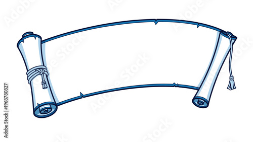 Illustration of a wide horizontal blue paper scroll with rolled ends and a decorative tassel on a white background.