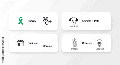 Concept cards: Charity, Pets, Business, Creative Ideas