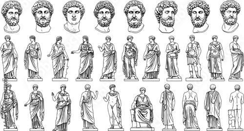 Ancient Greek Roman statue illustrations set featuring classical marble busts, philosophers, deities, draped female figures, mythological characters, and antique stone sculptures.