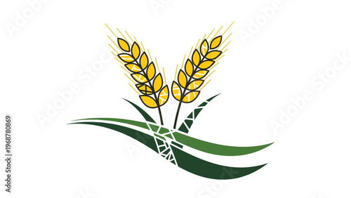 Stylized illustration of two golden wheat ears with green leaves representing agriculture harvest and healthy food.