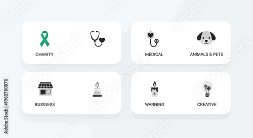 Concept Icons: Charity, Medical, Animals, Business, Warning, Creative Ideas