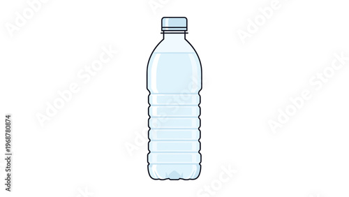 Clear plastic water bottle with a blue cap and labels representing hydration and single use beverage packaging.