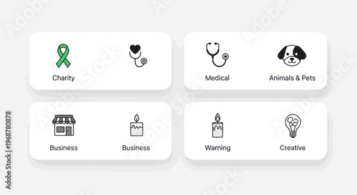 Concept Icons: Charity, Medical, Animals, Business, Warning, Creative