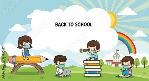 Group of children in school uniforms wearing face masks and using school supplies for back to school in the new normal.