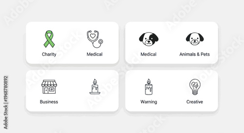 Concept Icons: Charity, Medical, Animals, Business, Warning, Creative