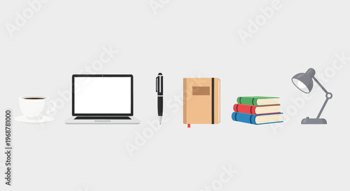 Desk Setup: Laptop, Coffee, Books, Pen, Lamp, Notebook for Work and Study