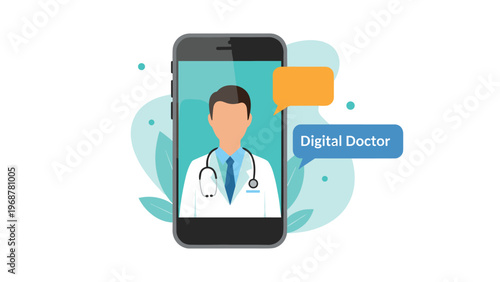Illustration of a male doctor on a smartphone screen representing telemedicine digital healthcare and online consultations.