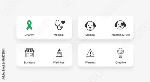 Concept Icons: Health, Business, Animals, Creativity, Charity, Warning