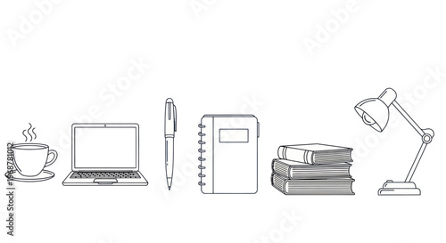 Desk Setup: Laptop, Books, Coffee, Lamp, Pen - Minimalist Line Art