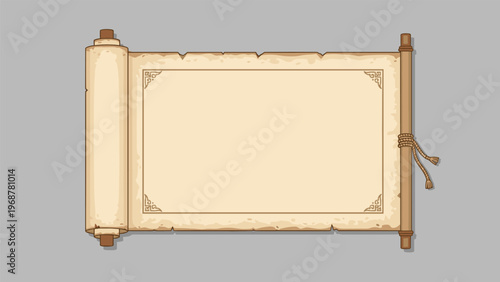Blank ancient parchment scroll with wooden rollers and decorative borders on a neutral grey background for text space.