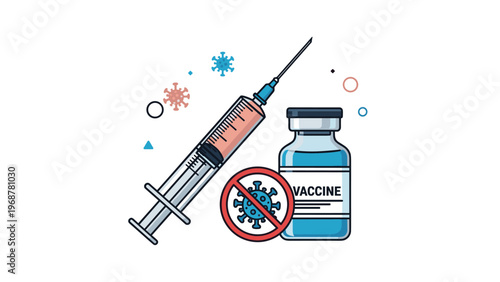 Medical illustration featuring a vaccine vial a syringe and a crossed out virus symbol representing immunization and health.