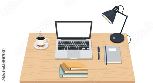Desk setup with laptop, coffee, books and lamp, workspace illustration