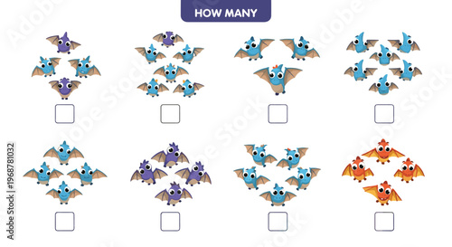 Educational counting worksheet for children asking how many pterodactyl dinosaurs are in each group of various colors.