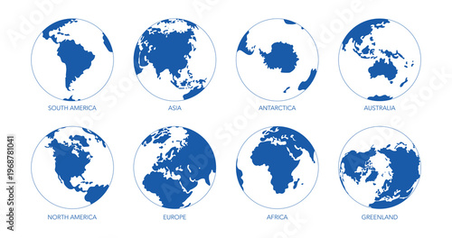 Set of Eight Earth Globe Icons Showing Different Continents: North and South America, Europe, Asia, Africa, Australia, Antarctica, and Greenland. Blue and White Minimalist Vector World Map Graphics