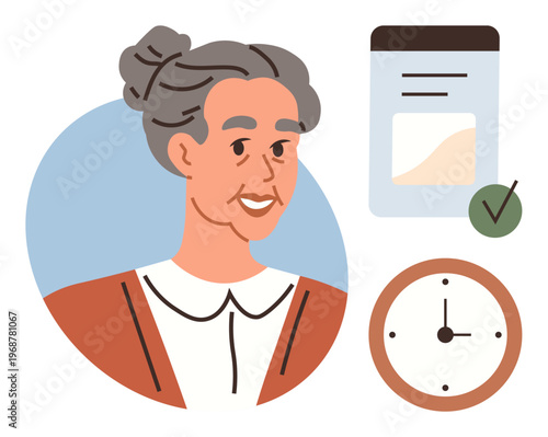 Time management, healthy aging, healthcare planning, senior schedules, daily organization, responsibility. Elderly woman, clock document with checkmark. Time management and healthy aging