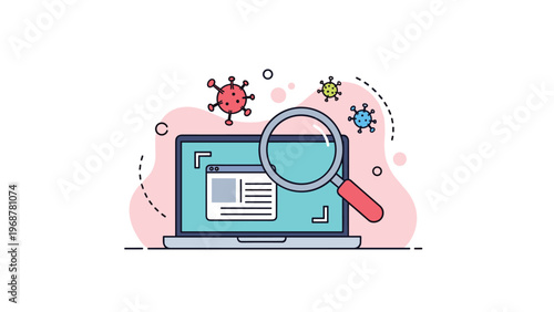 Digital security concept with a magnifying glass inspecting a laptop screen surrounded by colorful virus floating icons.