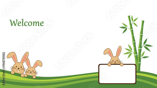 Horizontal welcome banner with cute bunny characters bamboo plants and green hills on a white background for spring events.