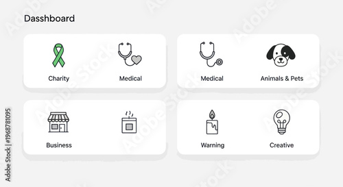 Dashboard UI with Icons: Charity, Medical, Business, Pets, Warning, Creative