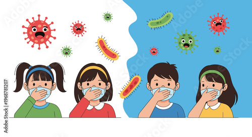 Group of diverse children in face masks with floating virus and bacteria symbols to represent health education and safety.