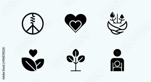 Eco-friendly icons: Peace, heart, nature, growth, and sustainability symbols