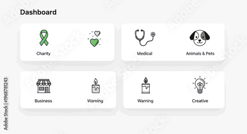 Dashboard UI with Icons for Charity, Medical, Pets, Business, Warning, Creative
